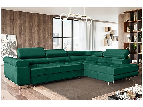 MEBLINI Schlafcouch mit Bettkasten - Ecksofa mit Schlaffunktion - Sofa mit Relaxfunktion und Kopfstützen - Couch L-Form - Eckcouch - Wohnlandschaft - MALIBA - 277x203x63cm Rechts - Grün Samt von MEBLINI
