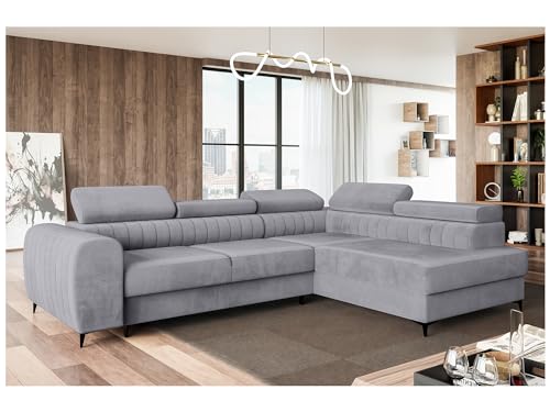 MEBLINI Schlafcouch mit Bettkasten - Ecksofa mit Schlaffunktion - Sofa mit Relaxfunktion und Kopfstützen - Couch L-Form - Eckcouch - Wohnlandschaft - Porto - 269x204x72cm Rechts - Grau Samt von MEBLINI