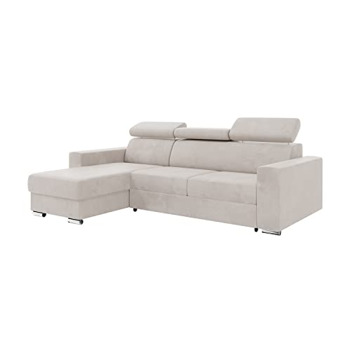 MEBLINI Schlafcouch mit Bettkasten - Ecksofa mit Schlaffunktion - Sofa mit Relaxfunktion und Kopfstützen - Couch L-Form - Eckcouch - Wohnlandschaft - Voss - 242x168x79cm Links - Beige Samt von MEBLINI