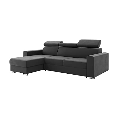 MEBLINI Schlafcouch mit Bettkasten - Ecksofa mit Schlaffunktion - Sofa mit Relaxfunktion und Kopfstützen - Couch L-Form - Eckcouch - Wohnlandschaft - Voss - 242x168x79cm Links - Dunkelgrau Samt von MEBLINI