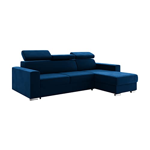 MEBLINI Schlafcouch mit Bettkasten - Ecksofa mit Schlaffunktion - Sofa mit Relaxfunktion und Kopfstützen - Couch L-Form - Eckcouch - Wohnlandschaft - Voss - 242x168x79cm Rechts - Blau Samt von MEBLINI