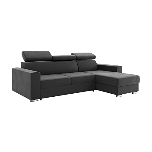 MEBLINI Schlafcouch mit Bettkasten - Ecksofa mit Schlaffunktion - Sofa mit Relaxfunktion und Kopfstützen - Couch L-Form - Eckcouch - Wohnlandschaft - Voss - 242x168x79cm Rechts - Dunkelgrau Samt von MEBLINI