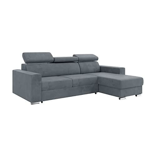 MEBLINI Schlafcouch mit Bettkasten - Ecksofa mit Schlaffunktion - Sofa mit Relaxfunktion und Kopfstützen - Couch L-Form - Eckcouch - Wohnlandschaft - Voss - 242x168x79cm Rechts - Grau Samt von MEBLINI