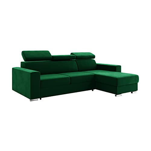 MEBLINI Schlafcouch mit Bettkasten - Ecksofa mit Schlaffunktion - Sofa mit Relaxfunktion und Kopfstützen - Couch L-Form - Eckcouch - Wohnlandschaft - Voss - 242x168x79cm Rechts - Grün Samt von MEBLINI