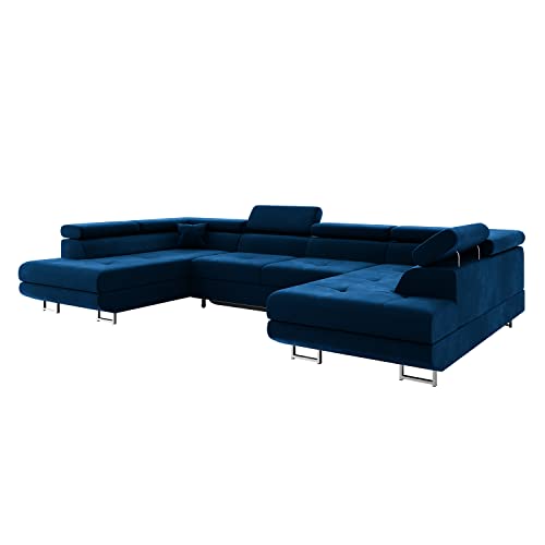 MEBLINI Schlafcouch mit Bettkasten - Ecksofa mit Schlaffunktion - Sofa mit Relaxfunktion und Kopfstützen - Couch U-Form - Eckcouch - Wohnlandschaft - Carl - 338x203x55cm - Blau Samt von MEBLINI