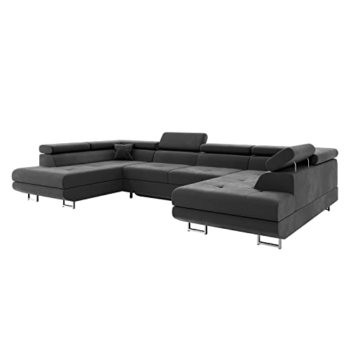 MEBLINI Schlafcouch mit Bettkasten - Ecksofa mit Schlaffunktion - Sofa mit Relaxfunktion und Kopfstützen - Couch U-Form - Eckcouch - Wohnlandschaft - Carl - 338x203x55cm - Dunkelgrau Samt von MEBLINI