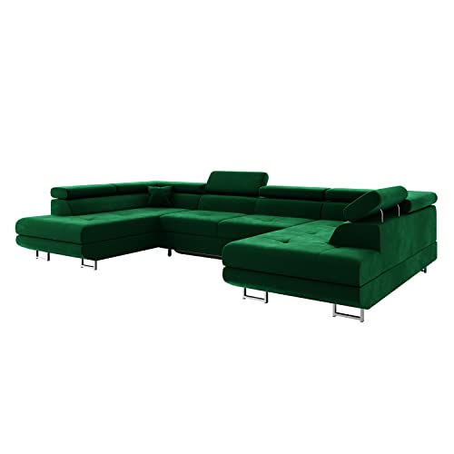 MEBLINI Schlafcouch mit Bettkasten - Ecksofa mit Schlaffunktion - Sofa mit Relaxfunktion und Kopfstützen - Couch U-Form - Eckcouch - Wohnlandschaft - Carl - 338x203x55cm - Grün Samt von MEBLINI