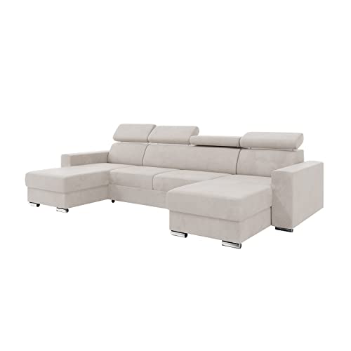 MEBLINI Schlafcouch mit Bettkasten - Ecksofa mit Schlaffunktion - Sofa mit Relaxfunktion und Kopfstützen - Couch U-Form - Eckcouch - Wohnlandschaft - Voss - 306x168x79cm - Beige Samt von MEBLINI