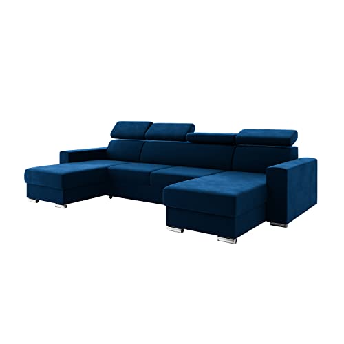 MEBLINI Schlafcouch mit Bettkasten - Ecksofa mit Schlaffunktion - Sofa mit Relaxfunktion und Kopfstützen - Couch U-Form - Eckcouch - Wohnlandschaft - Voss - 306x168x79cm - Blau Samt von MEBLINI