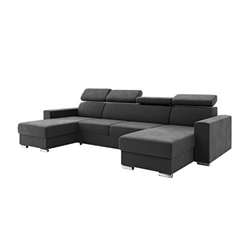 MEBLINI Schlafcouch mit Bettkasten - Ecksofa mit Schlaffunktion - Sofa mit Relaxfunktion und Kopfstützen - Couch U-Form - Eckcouch - Wohnlandschaft - Voss - 306x168x79cm - Dunkelgrau Samt von MEBLINI