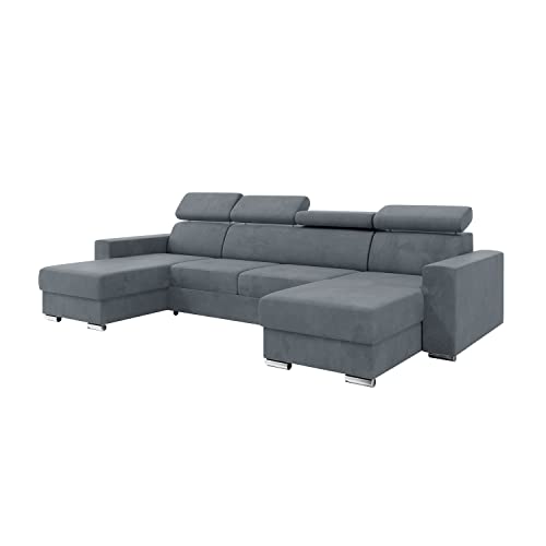 MEBLINI Schlafcouch mit Bettkasten - Ecksofa mit Schlaffunktion - Sofa mit Relaxfunktion und Kopfstützen - Couch U-Form - Eckcouch - Wohnlandschaft - Voss - 306x168x79cm - Grau Samt von MEBLINI