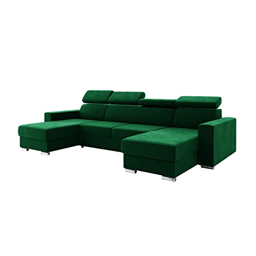 MEBLINI Schlafcouch mit Bettkasten - Ecksofa mit Schlaffunktion - Sofa mit Relaxfunktion und Kopfstützen - Couch U-Form - Eckcouch - Wohnlandschaft - Voss - 306x168x79cm - Grün Samt von MEBLINI