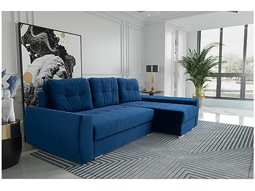 MEBLINI Schlafcouch mit Bettkasten - Kleines Ecksofa mit Schlaffunktion - Sofa mit Relaxfunktion und Kissen - Kleine Couch L-Form - Eckcouch - FURLA - 250x151x90cm Rechts - Blau Samt von MEBLINI