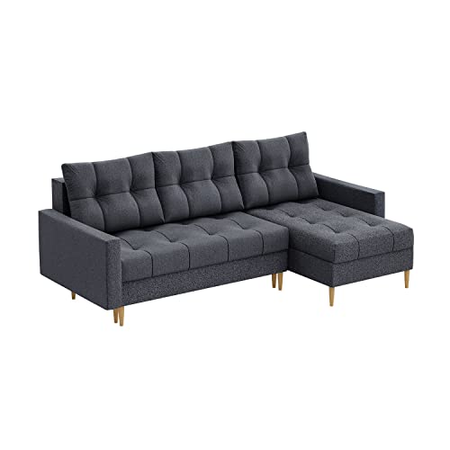 MEBLINI Schlafcouch mit Bettkasten - Kleines Ecksofa mit Schlaffunktion - Sofa mit Relaxfunktion und Kissen - Kleine Couch L-Form - Eckcouch - SCANDO - 220x140x75cm - Dunkelgrau Stoff von MEBLINI