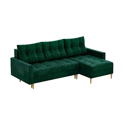 MEBLINI Schlafcouch mit Bettkasten - Kleines Ecksofa mit Schlaffunktion - Sofa mit Relaxfunktion und Kissen - Kleine Couch L-Form - Eckcouch - SCANDO - 220x140x75cm - Grün Samt von MEBLINI