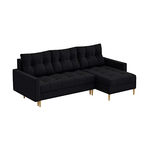 MEBLINI Schlafcouch mit Bettkasten - Kleines Ecksofa mit Schlaffunktion - Sofa mit Relaxfunktion und Kissen - Kleine Couch L-Form - Eckcouch - SCANDO - 220x140x75cm - Schwarz Stoff von MEBLINI