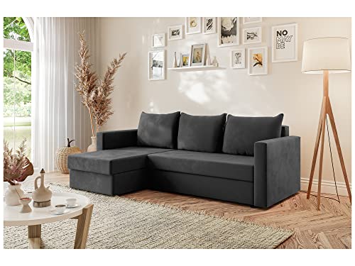 MEBLINI Schlafcouch mit Bettkasten - Kleines Ecksofa mit Schlaffunktion - Sofa mit Relaxfunktion und Kissen - Kleine Couch L-Form - Eckcouch - SIA - 226x146x93cm - Dunkelgrau Stoff von MEBLINI