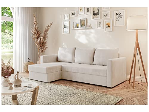 MEBLINI Schlafcouch mit Bettkasten - Kleines Ecksofa mit Schlaffunktion - Sofa mit Relaxfunktion und Kissen - Kleine Couch L-Form - Eckcouch - SIA - 226x146x93cm - Beige Samt von MEBLINI