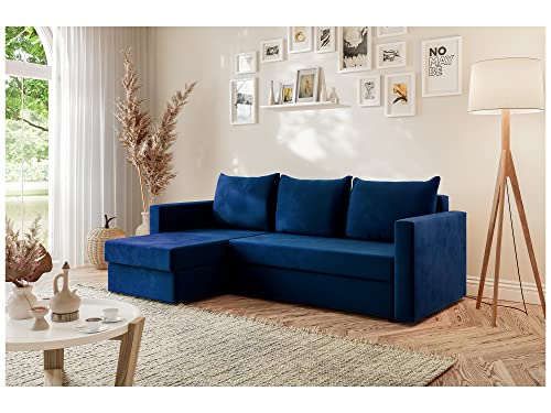 MEBLINI Schlafcouch mit Bettkasten - Kleines Ecksofa mit Schlaffunktion - Sofa mit Relaxfunktion und Kissen - Kleine Couch L-Form - Eckcouch - SIA - 226x146x93cm - Blau Samt von MEBLINI