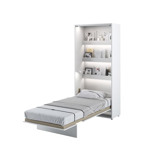 MEBLINI Schrankbett Bed Concept - Wandbett mit Lattenrost - Klappbett mit Schrank - Wandklappbett - Murphy Bed - Bettschrank - BC-03-90x200cm Vertikal - Weiß Hochglanz/Weiß mit Matratze von MEBLINI