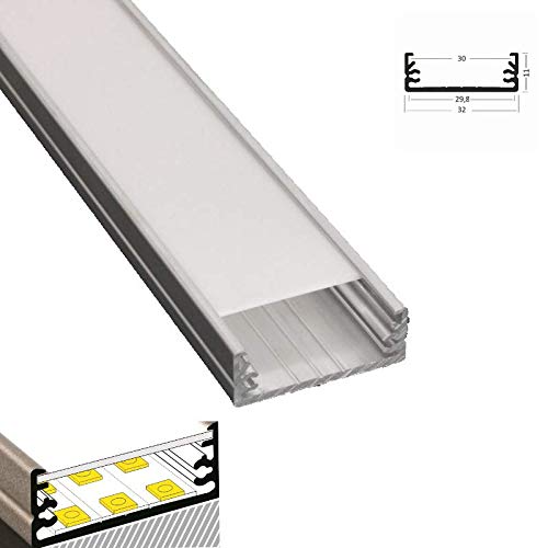 MEC Light LED Profil 3,2cm breit Aluminium eloxiert für LED Streifen 1m inkl. Abdeckung satiniert UV beständig, für LED Bänder bis max. 29,8mm. (Silber, 1m opal) von MEC Light