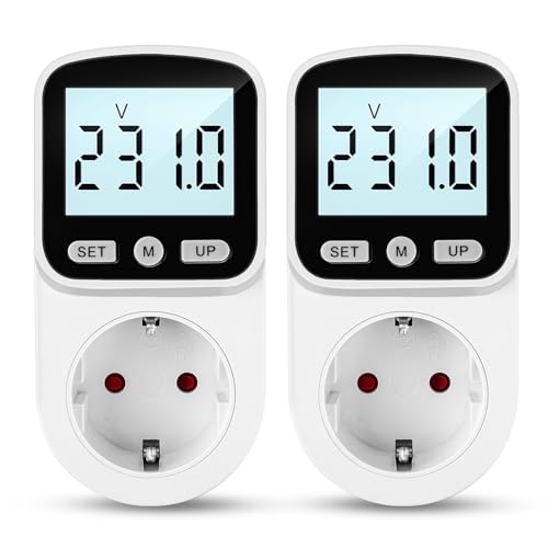 2 Stück Stromzähler für Steckdose 8 Modi Steckdose Energiekostenmessgerät mit LCD Hintergrundbeleuchtung, KWH Watt Strommessgerät Stromzähler Überlastungswarnung 3680W von MECHEER
