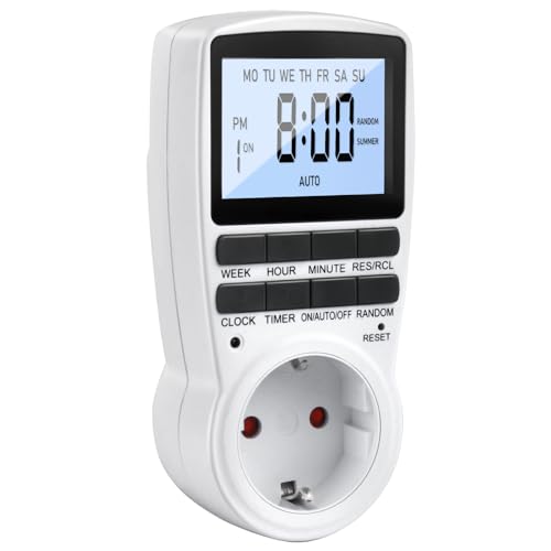 Zeitschaltuhr Digital, 24Std-Wochen Zeitschaltuhr Steckdose, Beleuchtung Timer Steckdose Stecker mit 16 Timer-Programme, LCD Stecker Zeitschalter Wochenzeitschaltuhr mit Einbruchschutz von MECHEER