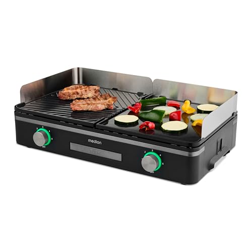 MEDION Tischgrill elektrisch mit Dual-Zonen-System (2400 Watt Elektrogrill, 2 abnehmbare Platten, individuelle Temperaturregelung, LED-Statusanzeige, IPX4-Schutz, MD12027) von MEDION