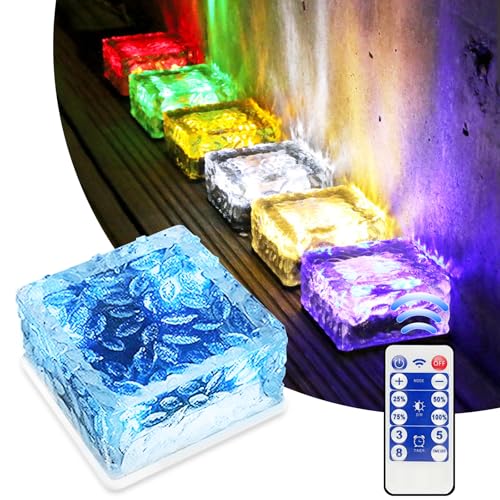 MEDOYOH 1er-Set Bunt Licht Solar Pflastersteine mit 12 Tasten Fernbedienung, 10x10x5CM On/Off Lichtsensor Wegbeleuchtung Wasserdicht Bodenstrahler Solar für Patio Garten Hof Weg Terrasse von MEDOYOH