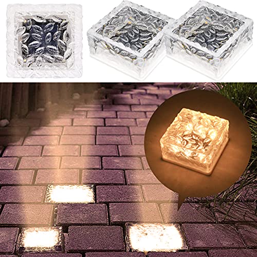 MEDOYOH 2er-Set Solar Glas Pflastersteine Außenleuchte, Warmweiß Licht On/Off Lichtsensor Wegbeleuchtung Wasserdicht Bodenstrahler Solar für Patio Garten Hof Weg Terrasse, 105x105x55mm von MEDOYOH