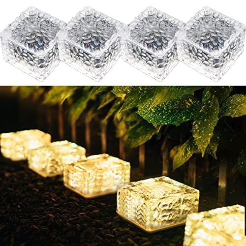 MEDOYOH 4er-Set Solar Glas Pflastersteine Außenleuchte, Warmweiß Licht On/Off Lichtsensor Wegbeleuchtung Wasserdicht Bodenstrahler Solar für Patio Garten Hof Weg Terrasse, 7x7x5cm von MEDOYOH