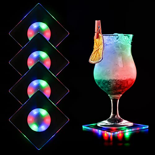 MEDOYOH 4er-Set Quadratisch Bunt LED Untersetzer für Getränke, ON/Off Taste Getränke Untersetzer Set, Wasserdicht Acryl Untersetzer Leuchtende für Gläser Flaschen Partys Hochzeiten Bar Weihnachten von MEDOYOH