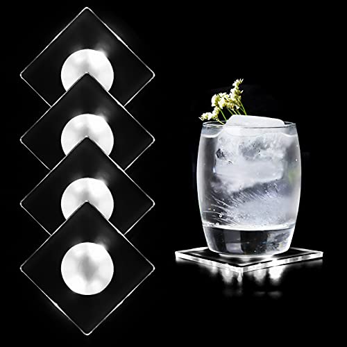 MEDOYOH 4er-Set Quadratisch Kühle Weiß LED Untersetzer für Getränke, ON/Off Taste Getränke Untersetzer Set, Wasserdicht Untersetzer Leuchtende für Gläser Flaschen Partys Hochzeiten Bar Weihnachten von MEDOYOH