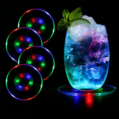 MEDOYOH 4er-Set Bunt LED Untersetzer Leuchtende für Getränke, ON/Off Taste Getränke Untersetzer Set, Wasserdicht Untersetzer Acryl Rund ür Gläser Flaschen Partys Hochzeiten Bar Weihnachten Pub von MEDOYOH