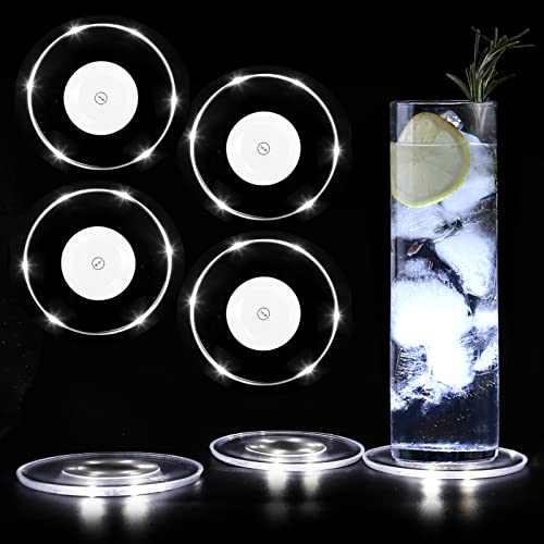 MEDOYOH 4er-Set Kühle Weiß LED Untersetzer Leuchtende für Getränke, ON/Off Taste Getränke Untersetzer Set, Wasserdicht Untersetzer Acryl Rund für Gläser Flaschen Partys Hochzeiten Bar Weihnachten Pub von MEDOYOH