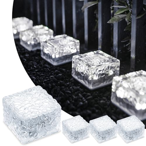 MEDOYOH 4er-Set Kaltweiß Licht Solar Glas Pflastersteine Außenleuchte, 7x7x5cm On/Off Lichtsensor Wegbeleuchtung Wasserdicht Bodenstrahler Solar für Patio Garten Hof Weg Terrasse von MEDOYOH