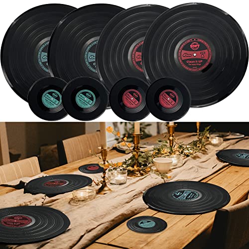 MEDOYOH 4er-Set Vinyl Schallplatte Tischsets und Untersetzer, Runde Vinyl Tischsets Tischmatten Untersetzer Set Waschbar Hitzebeständig Anti-Rutsch für Küche Restaurant Home von MEDOYOH