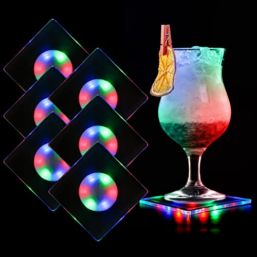 MEDOYOH 6er-Set Quadratisch Bunt LED Untersetzer für Getränke, ON/Off Taste Getränke Untersetzer Set, Wasserdicht Acryl Untersetzer Leuchtende für Gläser Flaschen Partys Hochzeiten Bar Weihnachten von MEDOYOH