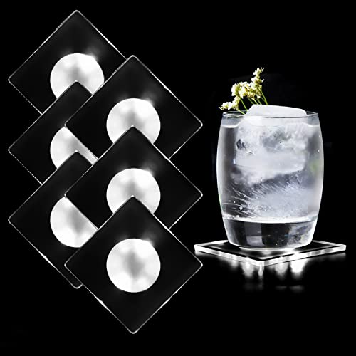 MEDOYOH 6er-Set Quadratisch Kühle Weiß LED Untersetzer für Getränke, ON/Off Taste Getränke Untersetzer Set, Wasserdicht Untersetzer Leuchtende für Gläser Flaschen Partys Hochzeiten Bar Weihnachten von MEDOYOH