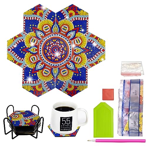 MEDOYOH 7 Stück Diamond Painting Untersetzer Mit Halter, Diamant Kunst DIY Sechseckige Tasse Matte für Erwachsene Kinder Basteln Liebhaber, Mandala 703 von MEDOYOH
