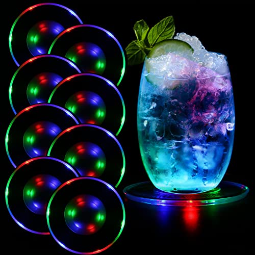 MEDOYOH 8er-Set Bunt LED Untersetzer Leuchtende für Getränke, ON/Off Taste Getränke Untersetzer Set, Wasserdicht Untersetzer Acryl Rund ür Gläser Flaschen Partys Hochzeiten Bar Weihnachten Pub von MEDOYOH