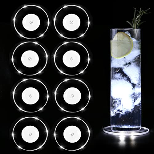 MEDOYOH 8er-Set Kühle Weiß LED Untersetzer Leuchtende für Getränke, ON/Off Taste Getränke Untersetzer Set, Wasserdicht Untersetzer Acryl Rund ür Gläser Flaschen Partys Hochzeiten Bar Weihnachten Pub von MEDOYOH