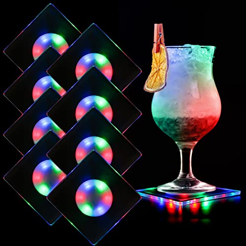 MEDOYOH 8er-Set Quadratisch Bunt LED Untersetzer für Getränke, ON/Off Taste Getränke Untersetzer Set, Wasserdicht Acryl Untersetzer Leuchtende für Gläser Flaschen Partys Hochzeiten Bar Weihnachten von MEDOYOH