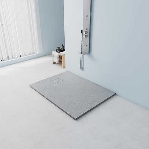 MEDUNJESS Duschwanne 120x90 cm SMC Flache Antirutsch Schieferoptik Duschtasse, 26mm Zuschneidbare Brausewanne mit SMC Deckel, Ø 90mm Ablauföffnung Grau (ohne Siphon) von MEDUNJESS