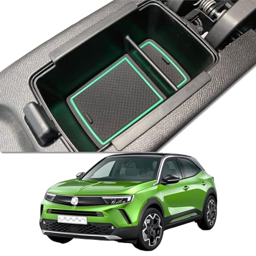 MEDZUK Armlehnen Kompatibel mit Opel Corsa F | Corsa-e 2019-2024 2025 Mittelkonsole Aufbewahrungsbox, Handschuhfach Organizer Tray Zubehör mit Rutschfester Matte (Grün) von MEDZUK
