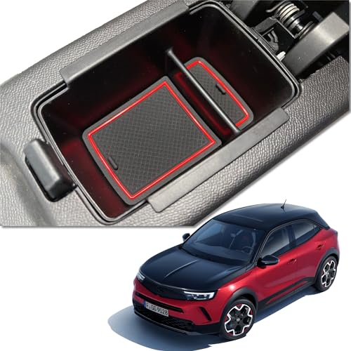 MEDZUK Armlehnen Kompatibel mit Opel Corsa F | Corsa-e 2019-2024 2025 Mittelkonsole Aufbewahrungsbox, Handschuhfach Organizer Tray Zubehör mit Rutschfester Matte (Rot) von MEDZUK