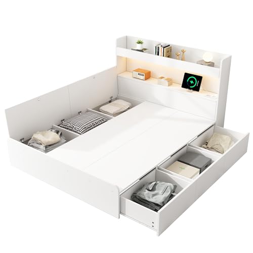 MEEDCOULBA doppelbett,massivholzbett,weiß,Stauraumbett 140 * 200cm,mit USB-Anschluss und Steckdose, mit LED-Beleuchtung von MEEDCOULBA