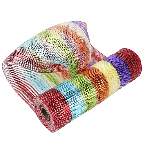 MEEDEE Regenbogen-Deko-Netz, 25.4 cm, helles Regenbogen-Metallic-Streifen, Mesh-Band, Poly-Deko-Netz, buntes Netzgewebe für Kränze, Regenbogen, Weihnachtsbaum, Girlande, Briefkasten, Basteln, 9.10 m von MEEDEE