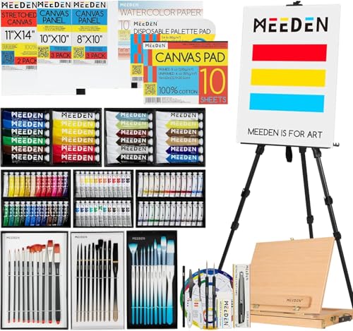 MEEDEN Acryl-Malset mit Staffelei: 60-teiliges Kunstbedarfs-Malset mit Tischplatte von MEEDEN