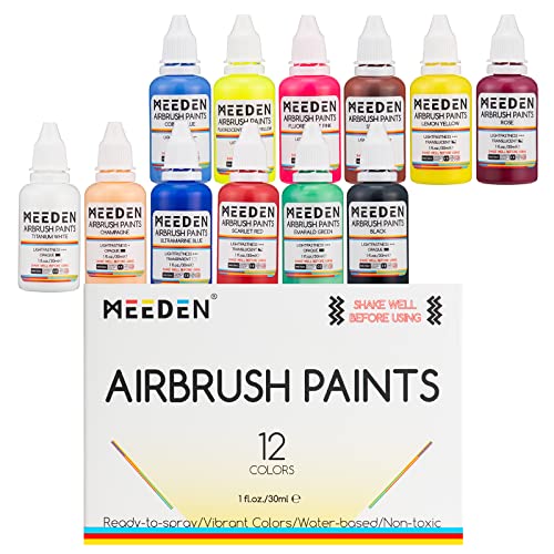 MEEDEN Airbrush-Farbe, 12 Farben, Airbrush-Farbset mit (30 ml), sprühfertig, deckende und durchscheinende Farben, auf Wasserbasis, Premium-Airbrush-Farbset für Anfänger, Hobbyisten und Künstler von MEEDEN